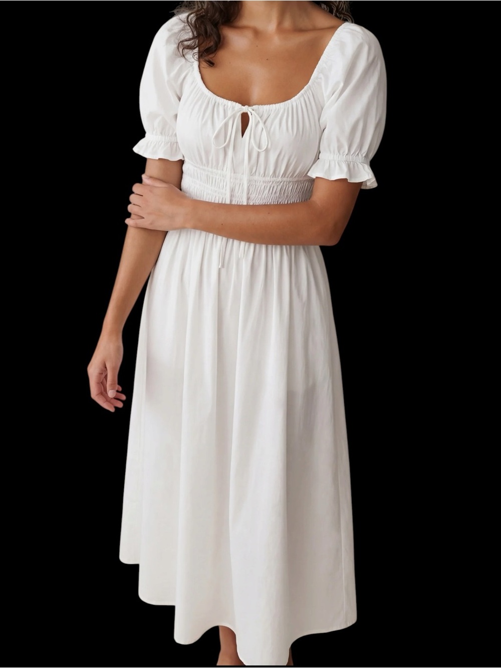 Few Moda Sorella Fenella Cotton Dress White Puff Sleeve Midi Smocked Waist NWT